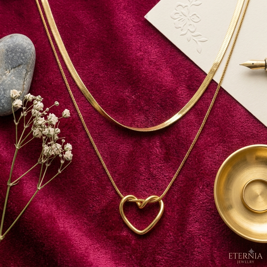 Gold Layered Herringbone & Knotted Heart Necklace Set