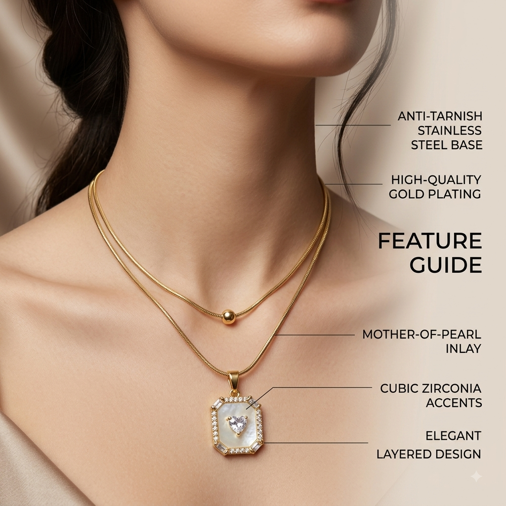 Gold Layered Mother-of-Pearl Heart Locket & Bead Necklace Set