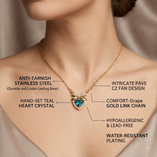 Gold Crystal Bow & Teal Heart Pendant Necklace
