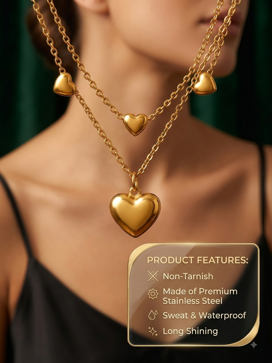 Gold Layered Multi-Puffed Heart Pendant Necklace