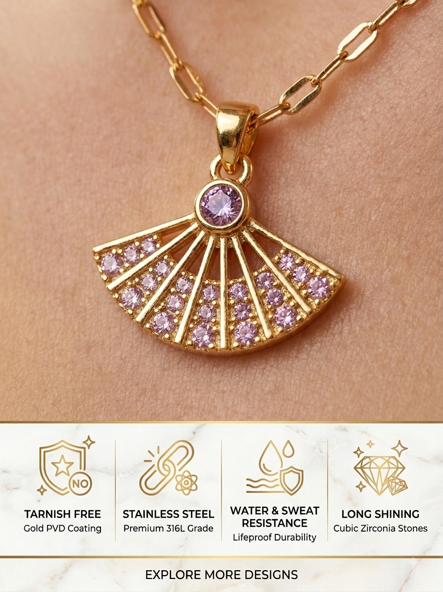 Sparkling Pink Fan Pendant Necklace