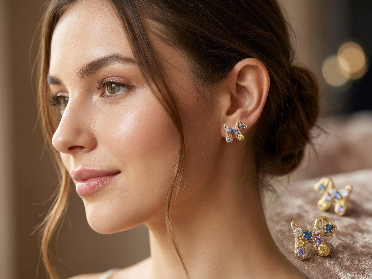 Multi-Stone Dog Silhouette Stud Earrings
