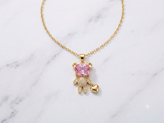Pink Crystal Teddy Bear Necklace