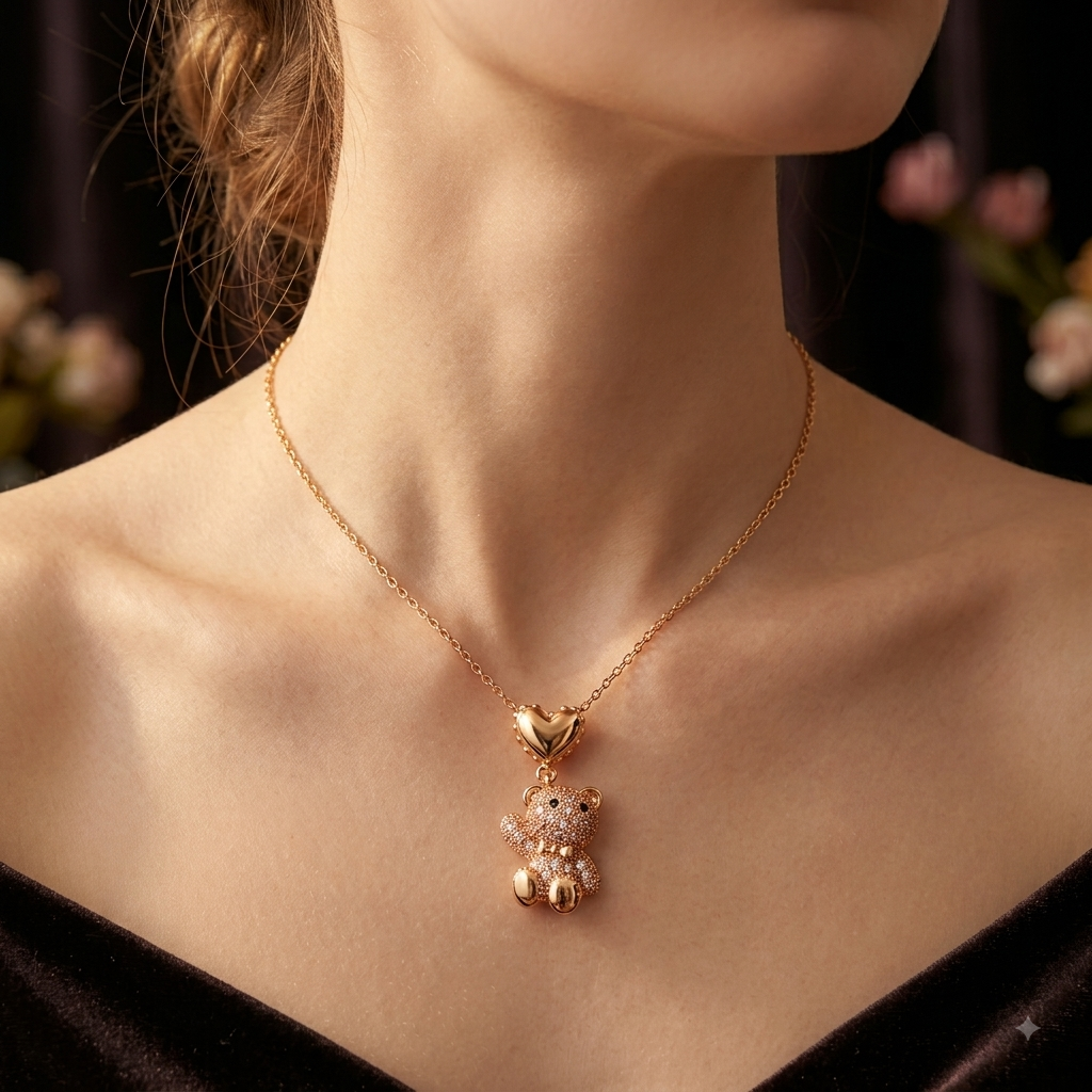 Gold Crystal Teddy Bear & Heart Pendant Necklace