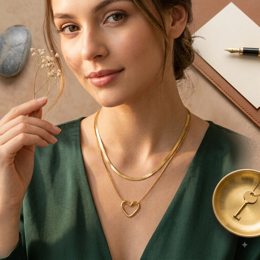Gold Layered Herringbone & Knotted Heart Necklace Set