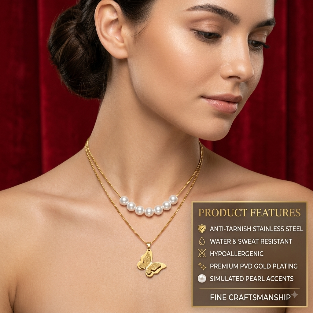Gold Layered Pearl Smile & Frosted Butterfly Necklace Set