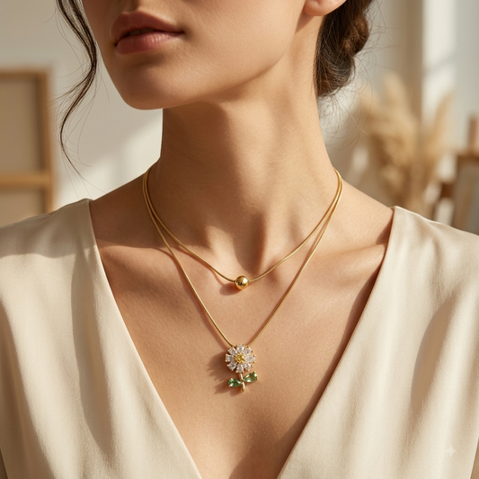 Gold Layered Crystal Daisy & Bead Necklace Set