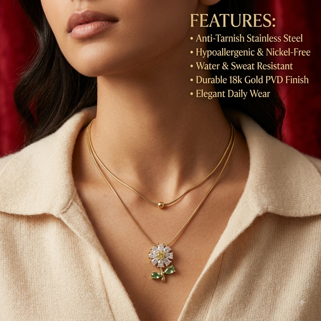 Gold Layered Crystal Daisy & Bead Necklace Set