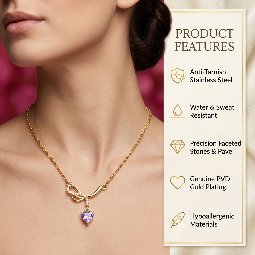 Lavender Crystal Heart Ribbon Necklace