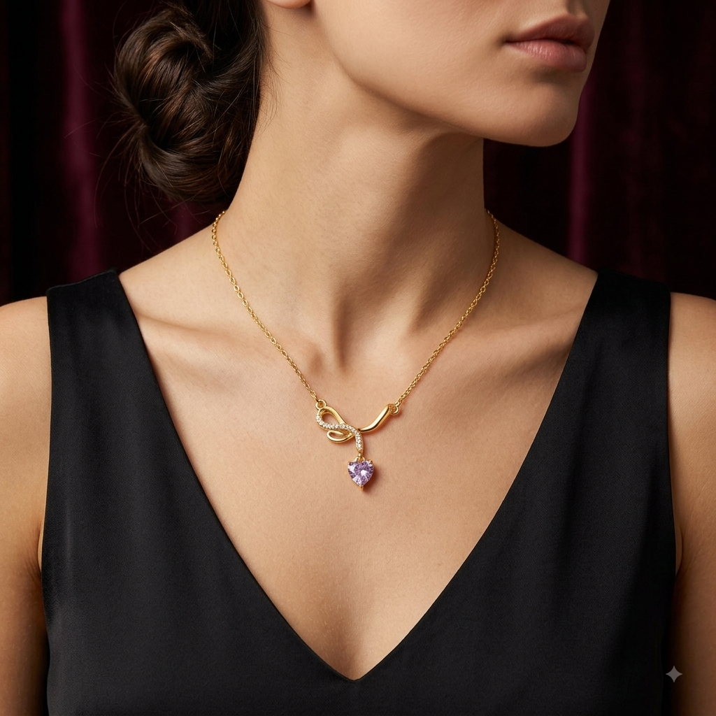 Lavender Crystal Heart Ribbon Necklace