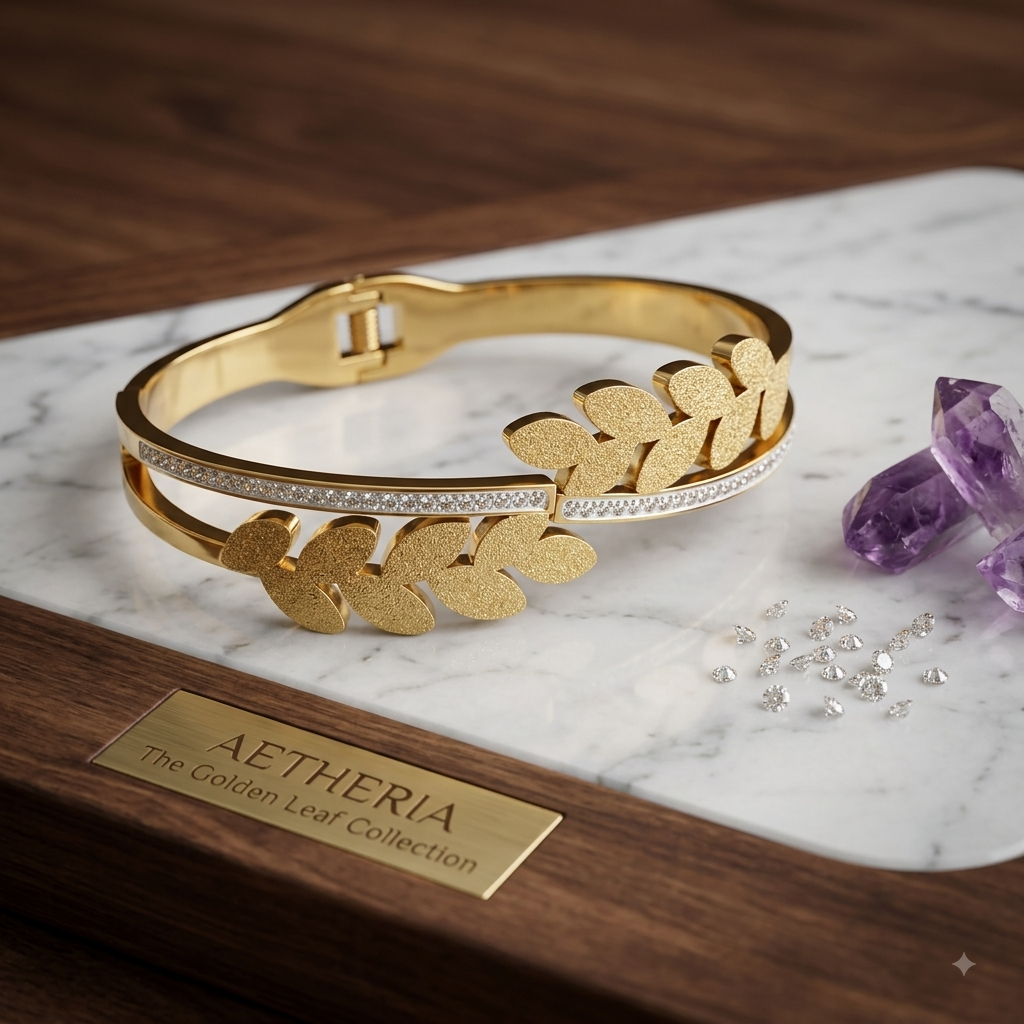 Aetheria Textured Leaf & Pave Hinge Bangle