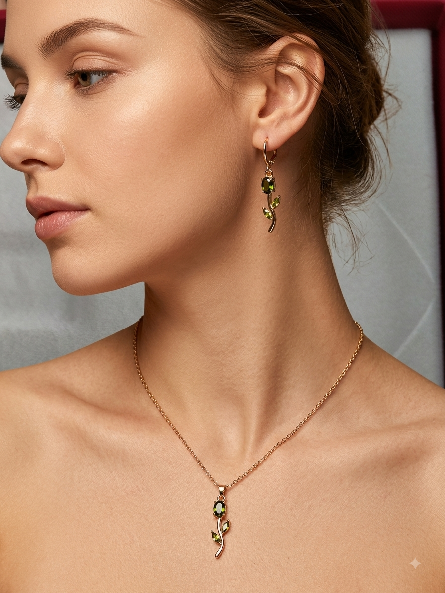 Gold Olive Green Crystal Floral Necklace & Earring Set