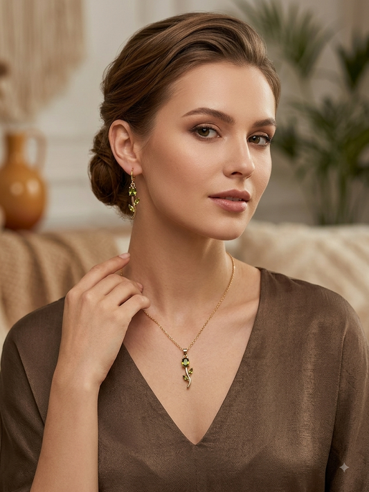 Gold Olive Green Crystal Floral Necklace & Earring Set