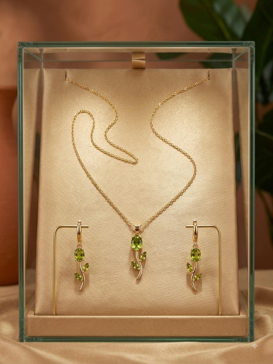 Gold Olive Green Crystal Floral Necklace & Earring Set