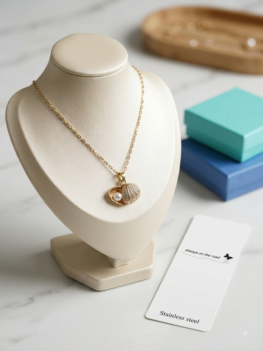 Gold Crystal Oyster & Pearl Pendant Necklace