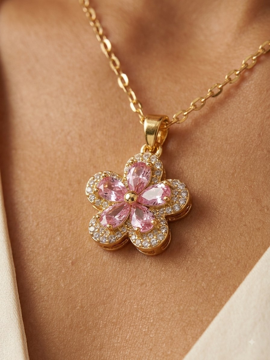 Gold Pink Crystal Blossom Pendant Necklace