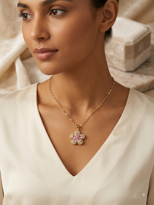 Gold Pink Crystal Blossom Pendant Necklace
