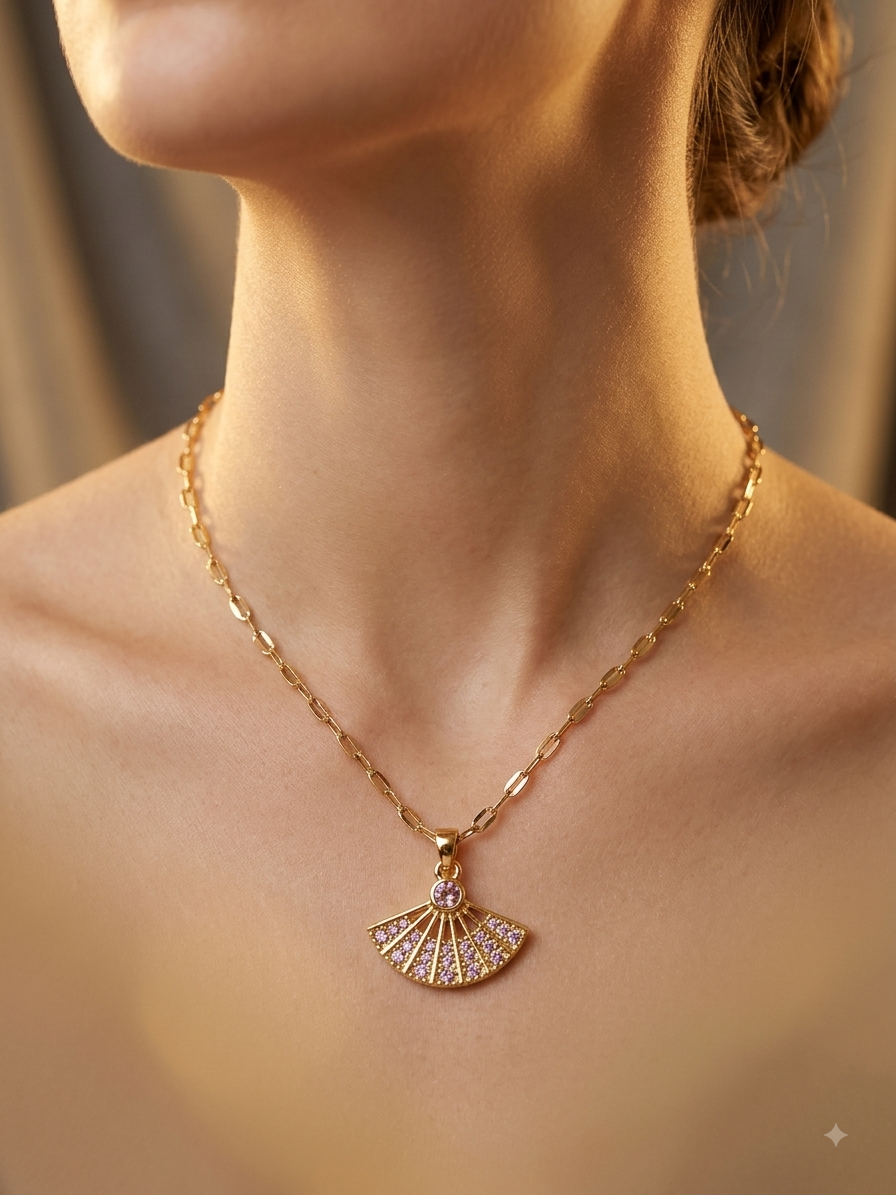 Sparkling Pink Fan Pendant Necklace