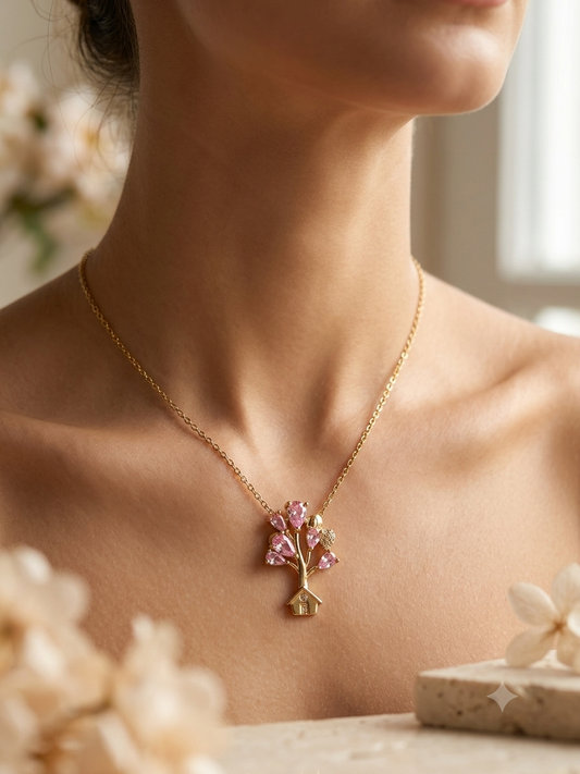 Pink Crystal Treehouse of Love Necklace