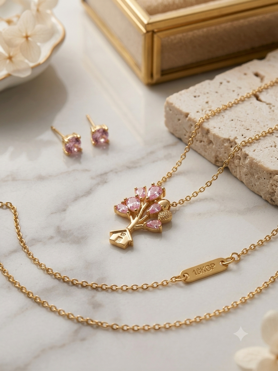 Pink Crystal Treehouse of Love Necklace