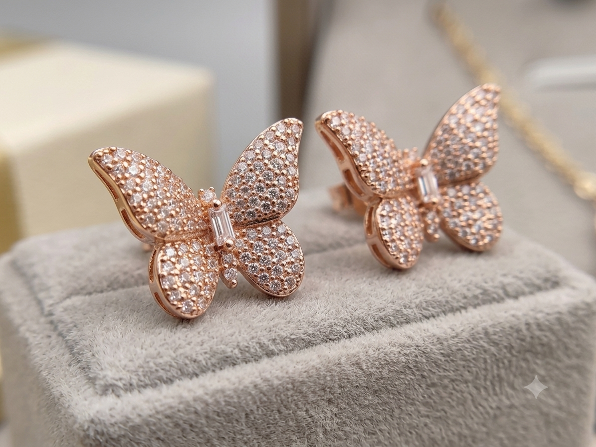 Rose Gold Pavé Butterfly Stud Earrings