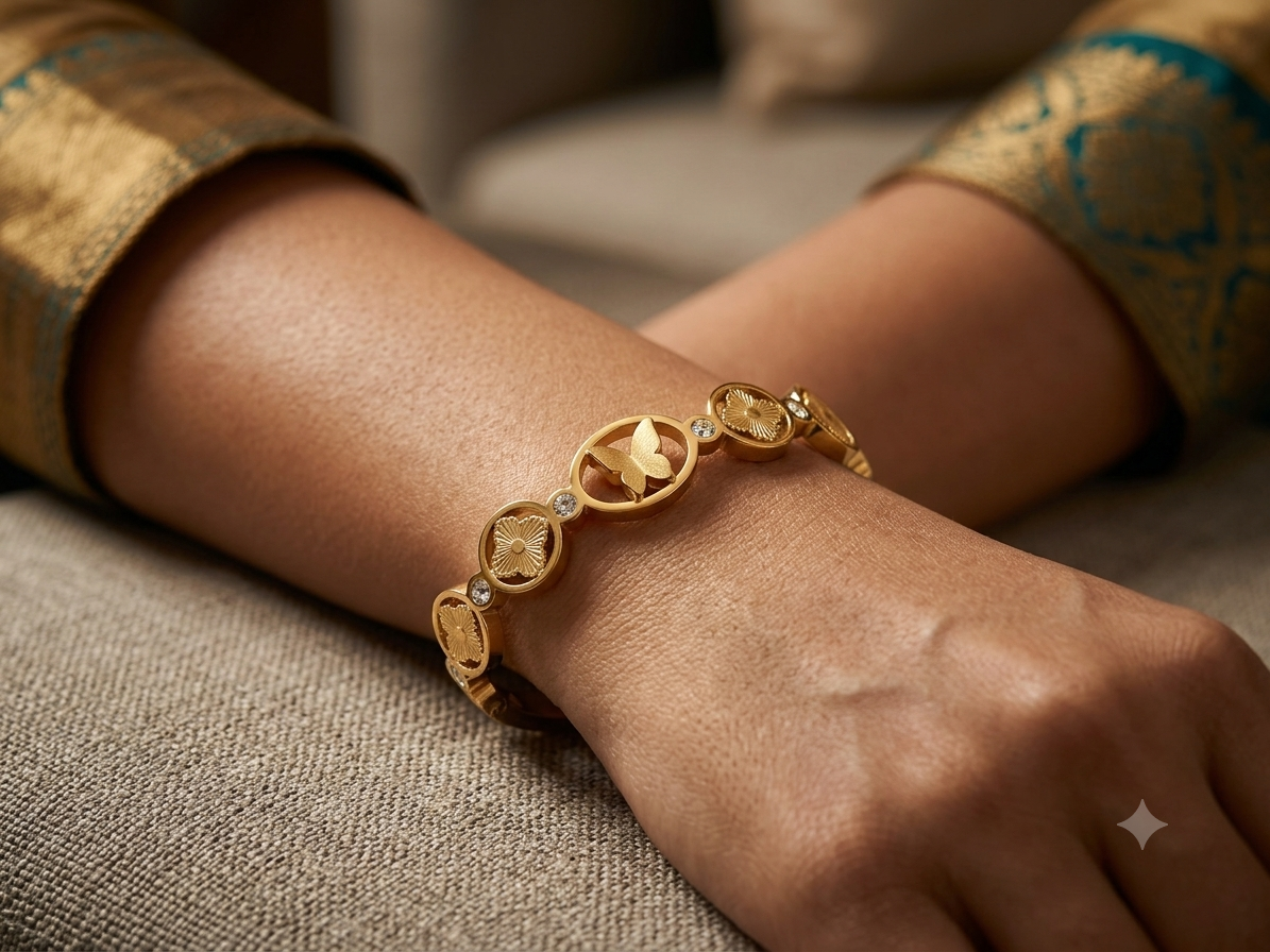 Butterfly & Floral Link Gold Bangle