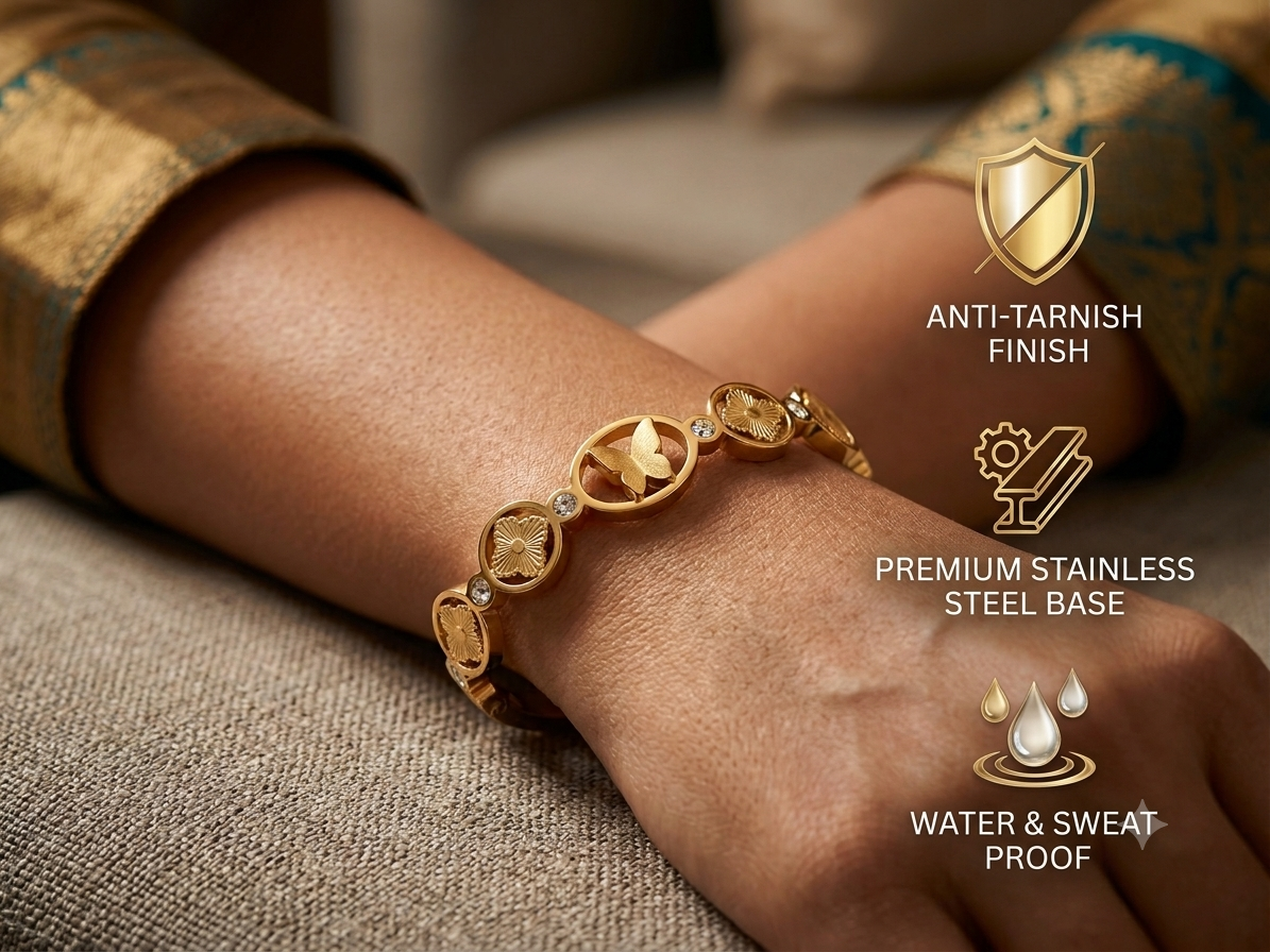 Butterfly & Floral Link Gold Bangle