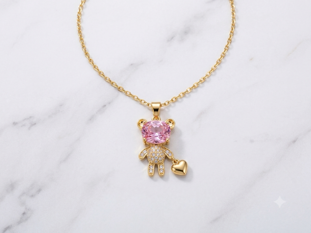 Pink Crystal Teddy Bear Necklace
