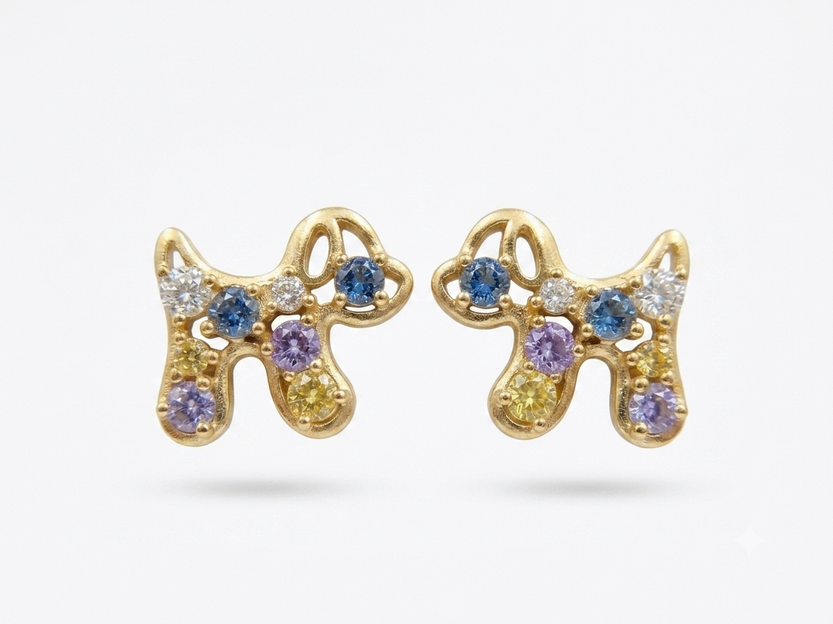 Multi-Stone Dog Silhouette Stud Earrings