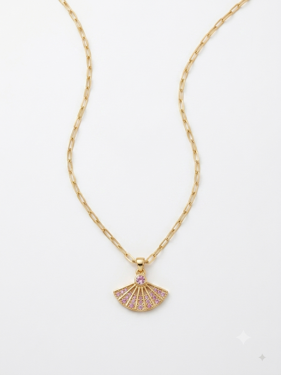 Sparkling Pink Fan Pendant Necklace