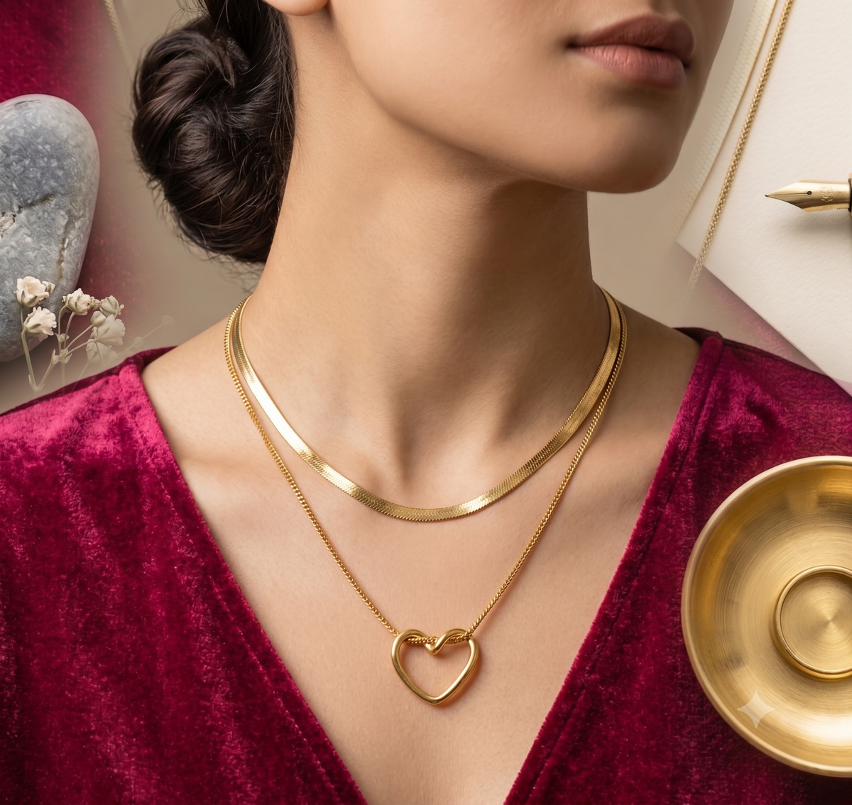 Gold Layered Herringbone & Knotted Heart Necklace Set